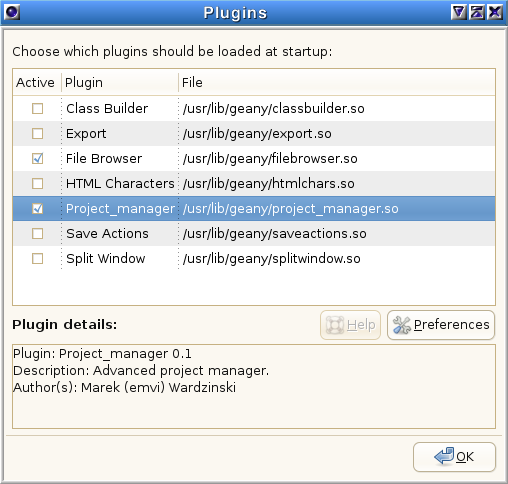 Geany Project Manager activation