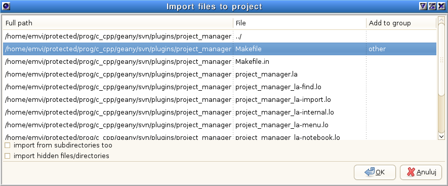 Geany Project Manager import plików