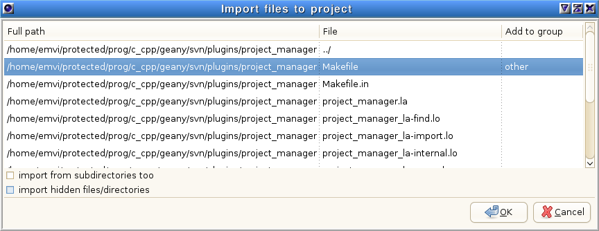 Geany Project Manager import files